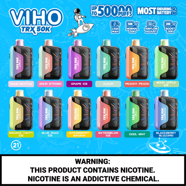 Viho TRX 50K flavor lineup with 12 disposable vape options