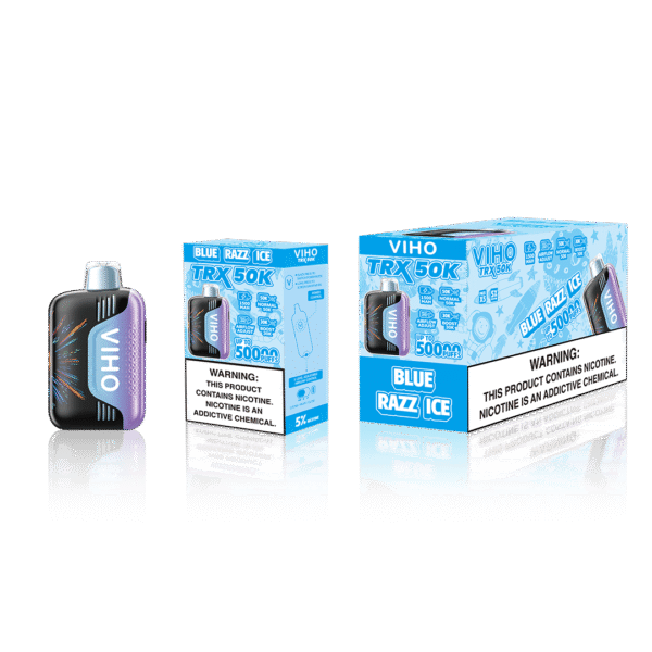 Blue Razz Viho TRX retail packaging and mid-pack box layout